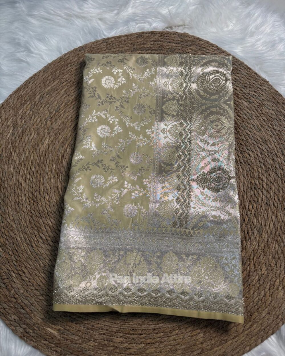 Cream Pure Satin Silk Saree - Image 2