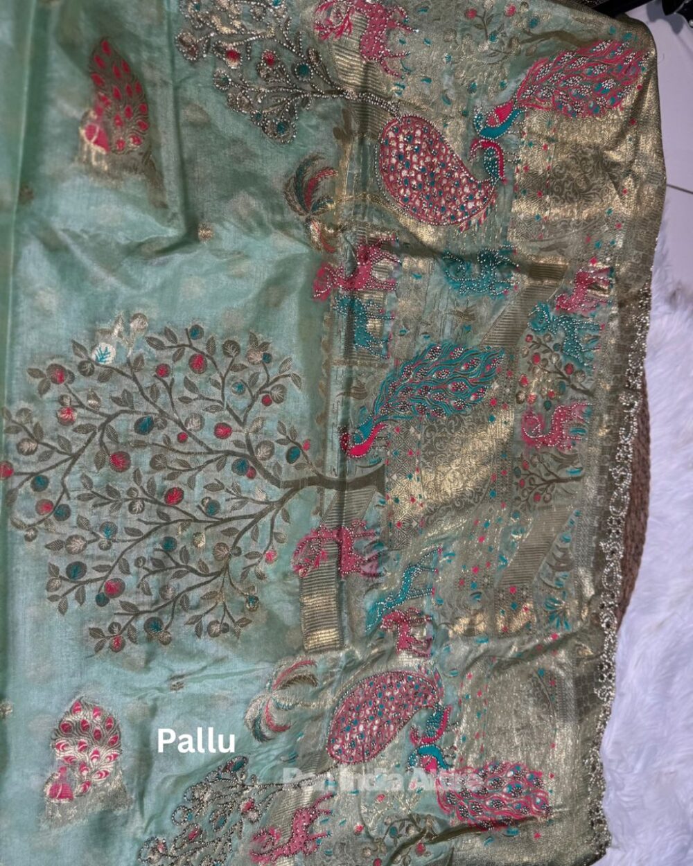 Mint green tissue silk saree - Image 4