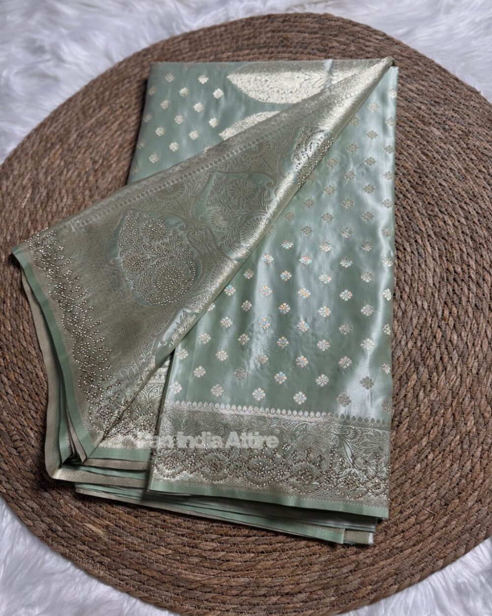 Sage Green Pure Satin Silk Saree - Image 3