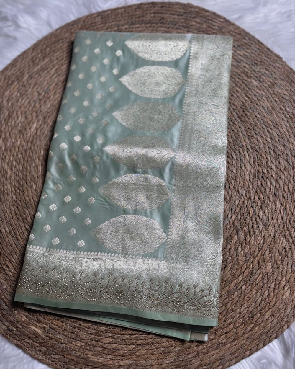 Sage Green Pure Satin Silk Saree - Image 2