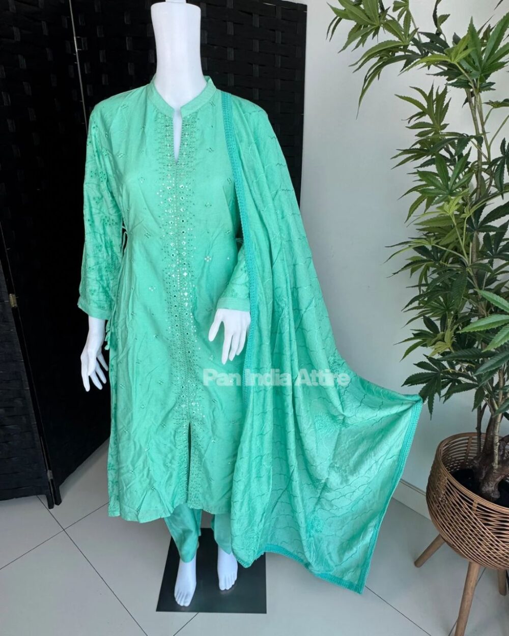 Mint green premium cotton A-cut full suit - Image 2