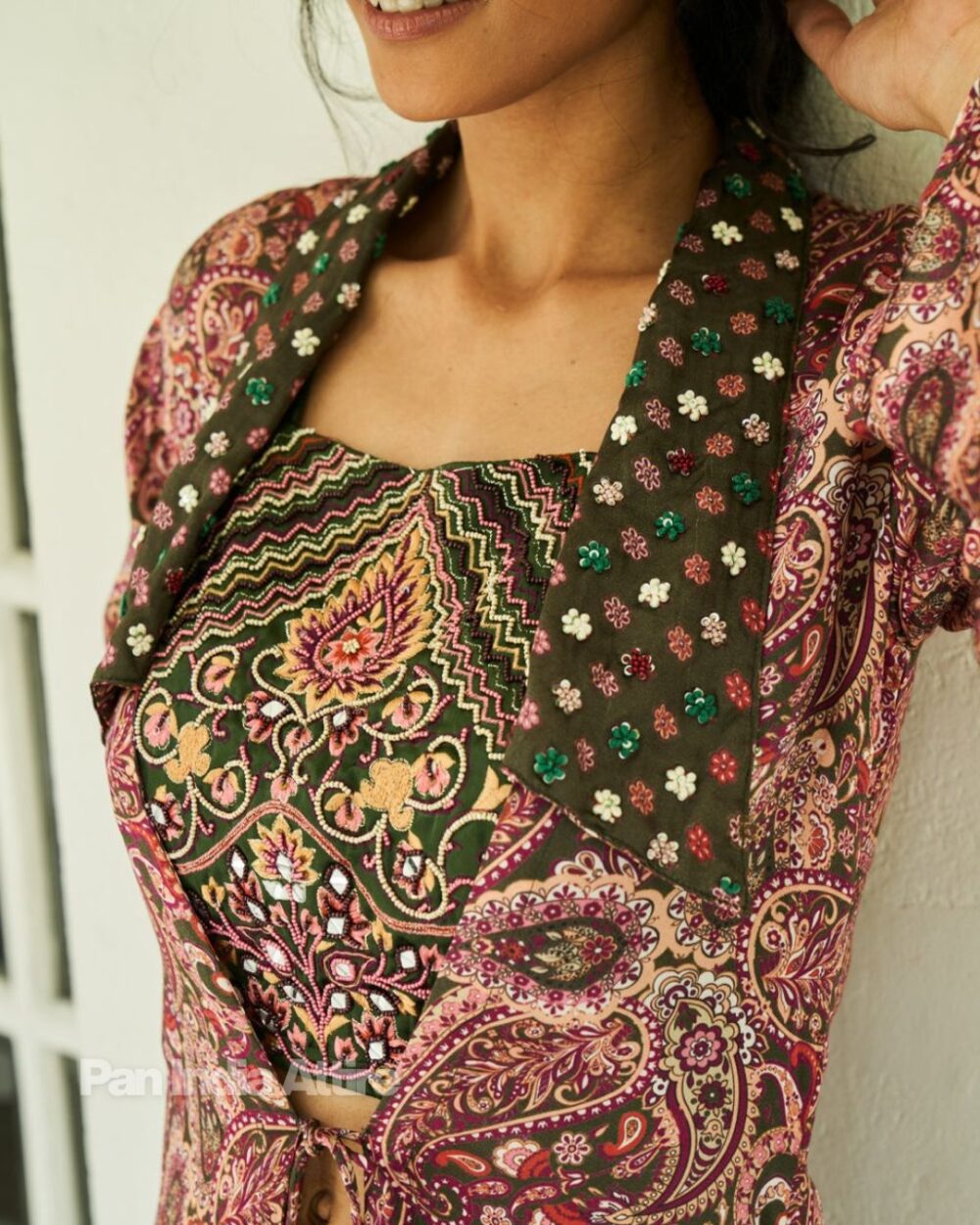 Olive green indowestern shrug set - Image 2